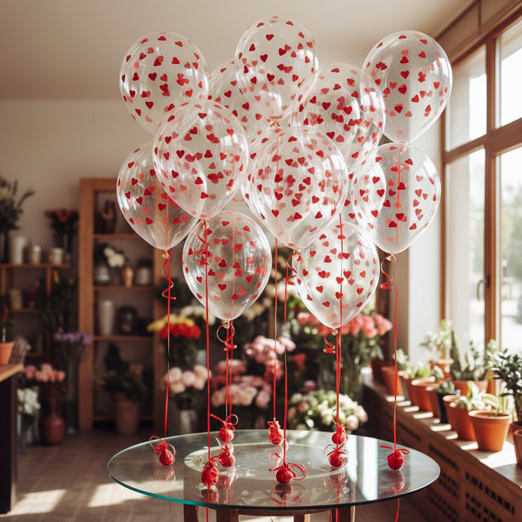 Набор из 15 прозрачных воздушных шаров для потолка с изображением красного сердца.