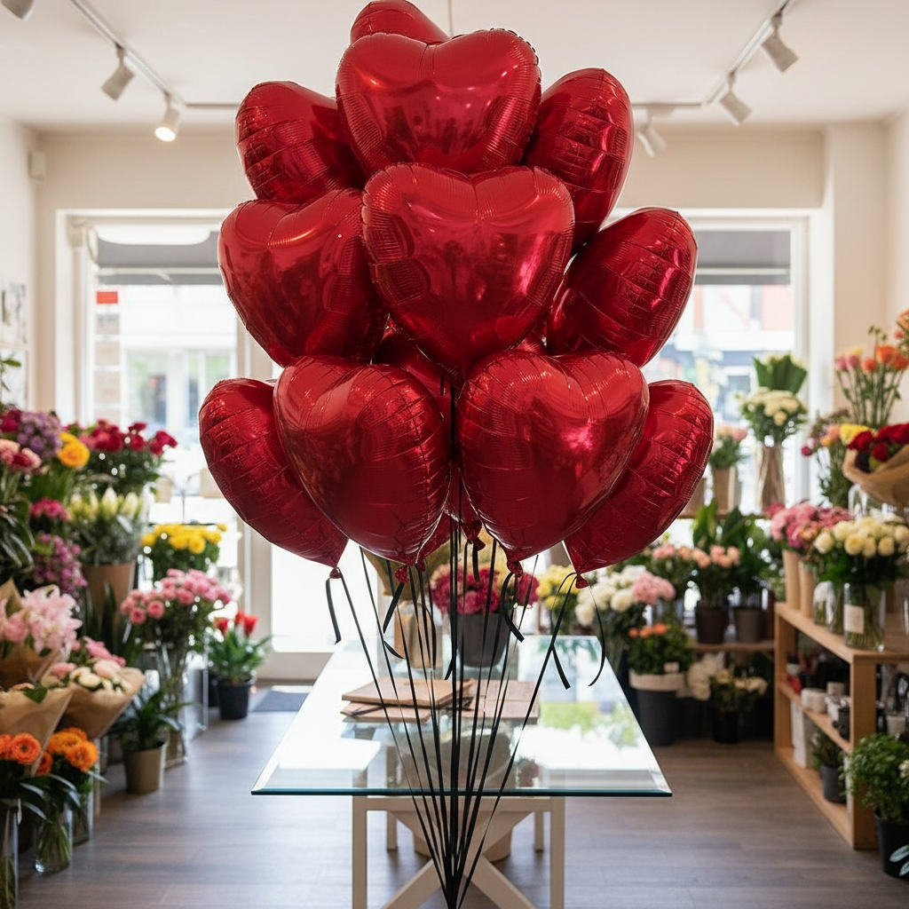 15 красных воздушных шаров в форме сердечек, подвешенных на атласных лентах к потолку.