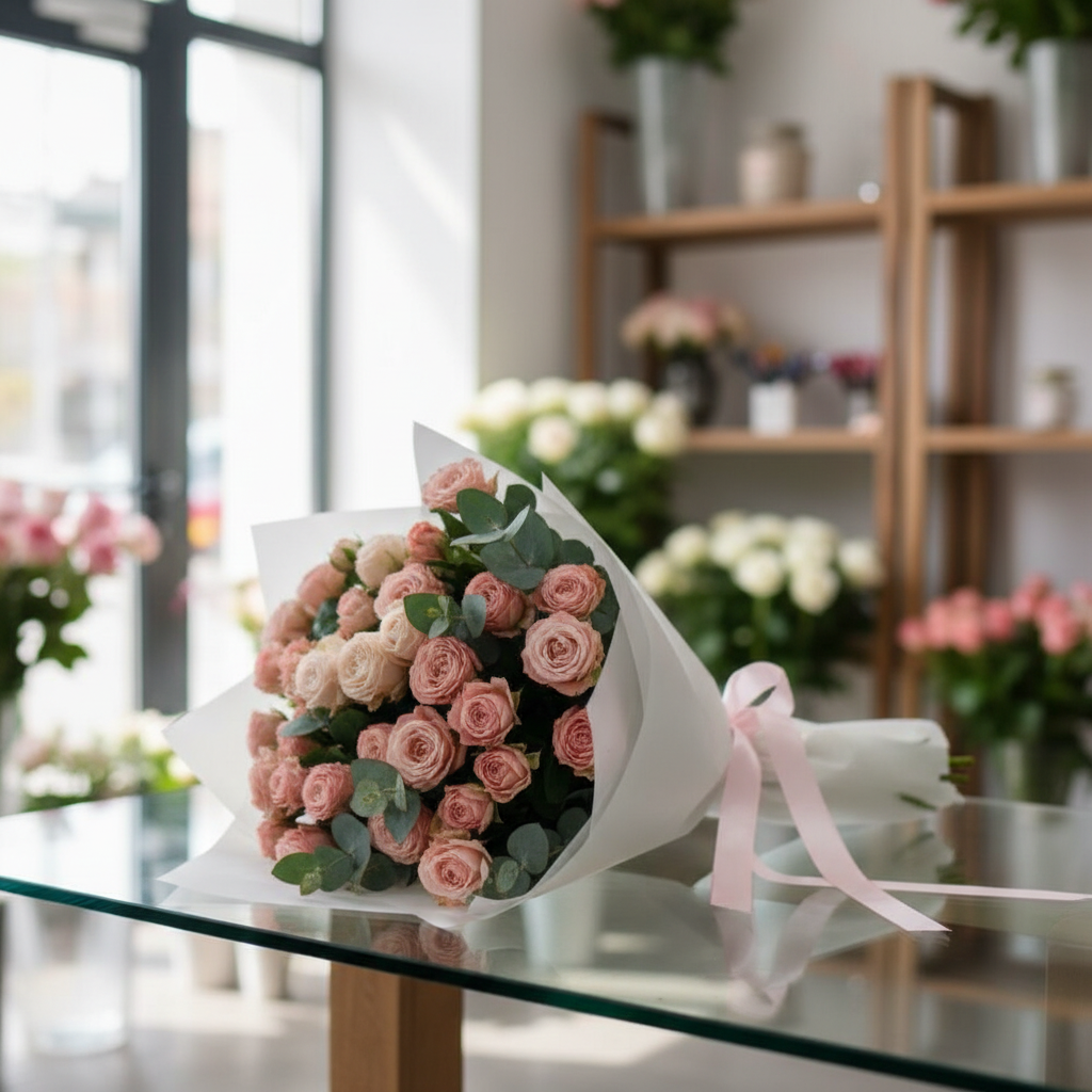 Монобукет пионовидных кустовых роз сорта «Мадам Бамбастик», размер «М», 9 шт.