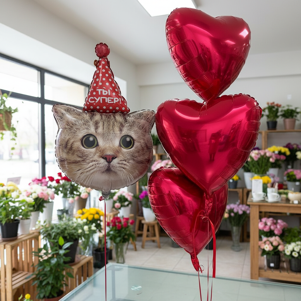 Воздушные шарики в форме сердца с кошкой