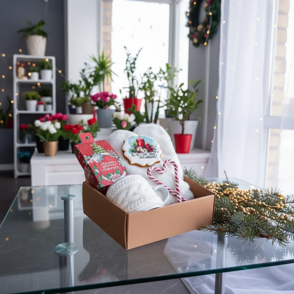 Новогодний подарок — варежки, новогодний чай, кружка в вязаном свитере.