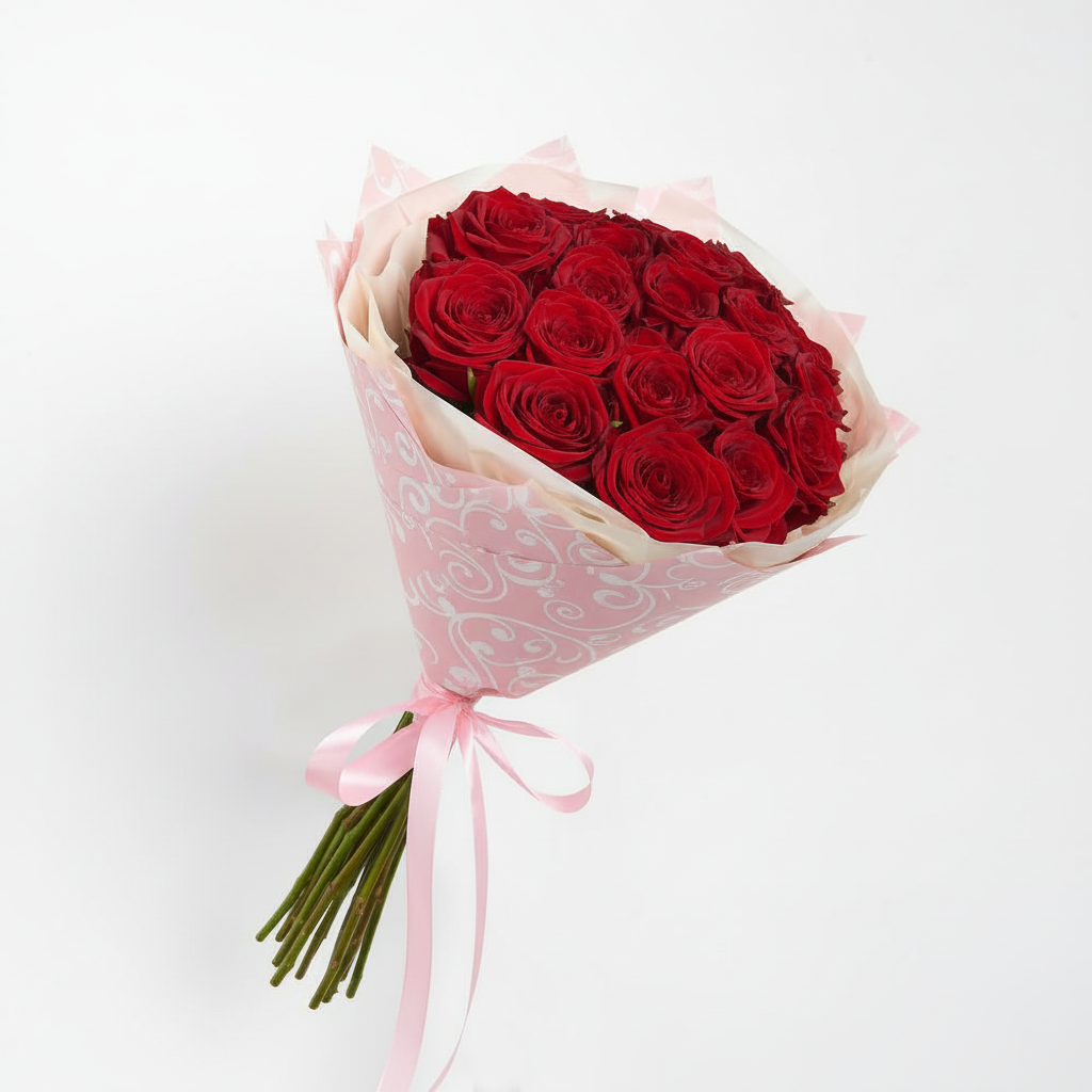 Букет из 19 красных роз в дизайнерской упаковке.