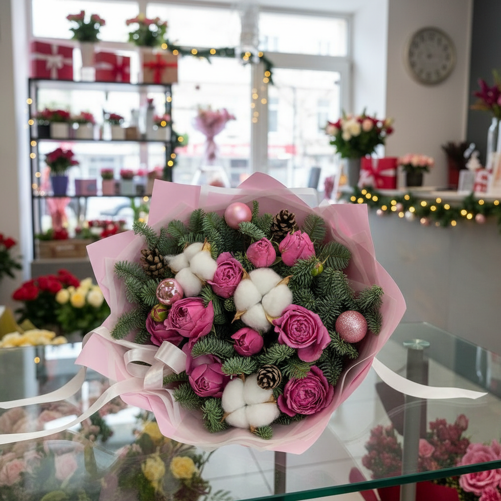 Новогодний букет. Пионы, розы и благородные цветы.