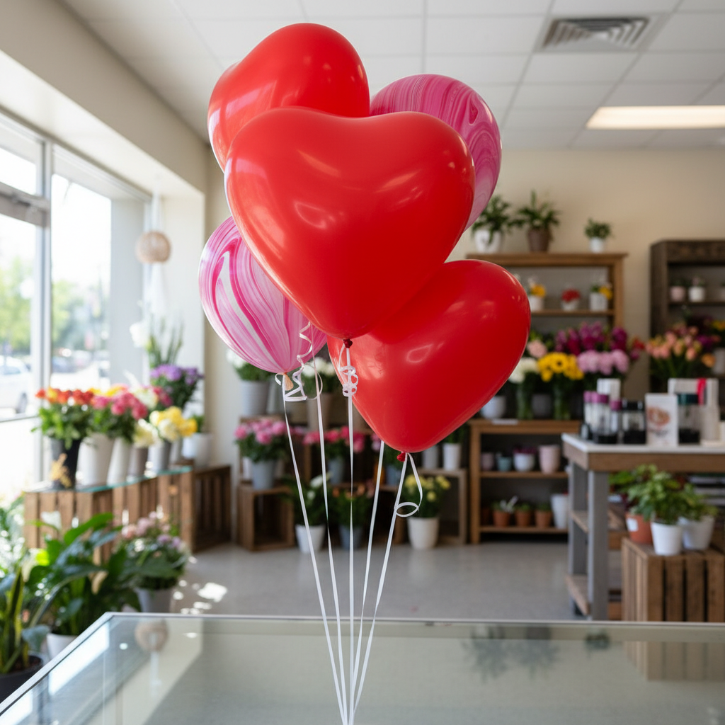 Набор воздушных шаров в форме красного сердца и розового мраморного агата.