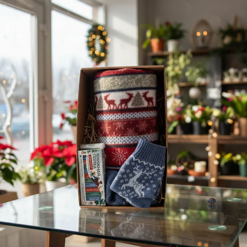Подарочный набор к Новому году, включающий плед, чай и шерстяные носки.