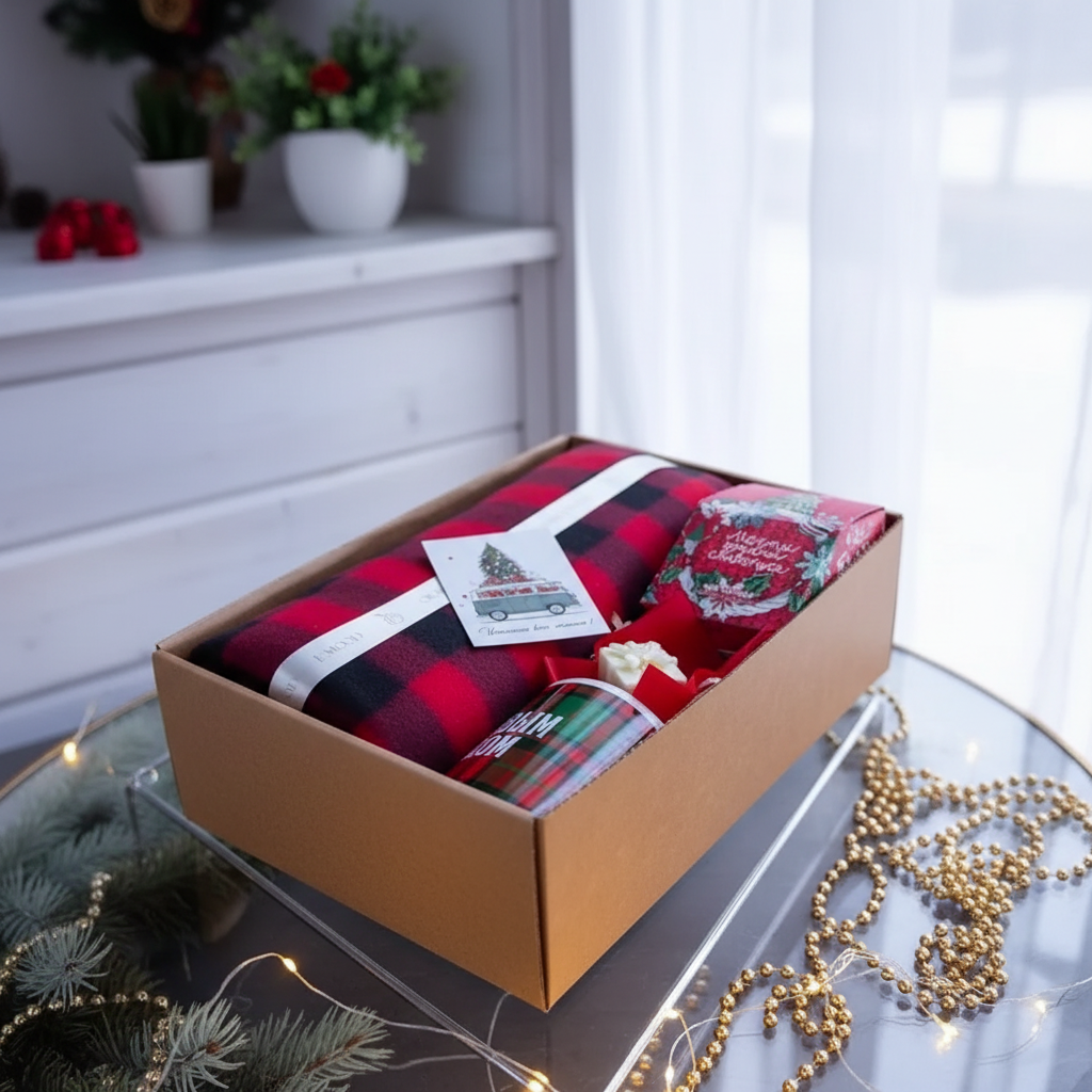 Новогодний подарочный набор - плед, чай, кружка, свеча