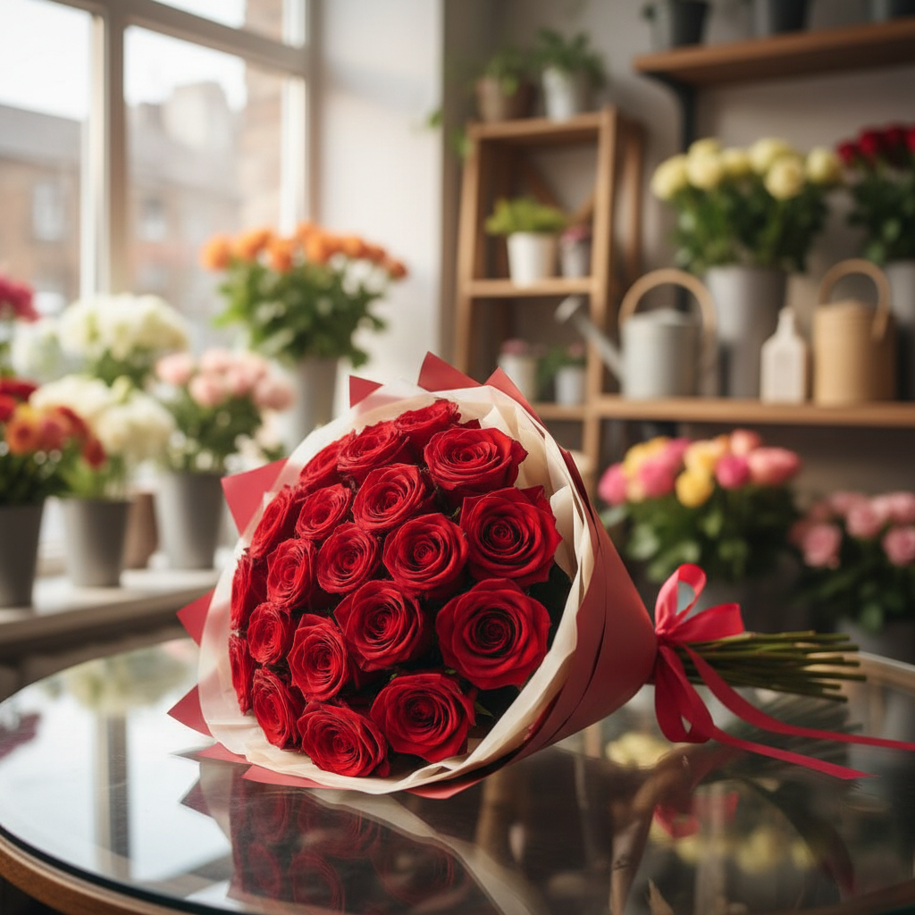 Букет из 19 красных роз в дизайнерской упаковке.