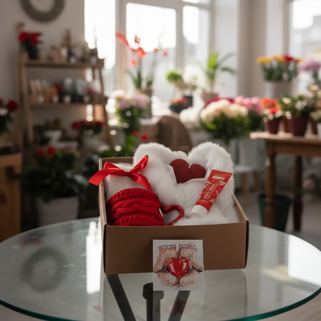 Новогодний подарочный набор «Люби зиму» — пушистые варежки, носки, свеча и кружка в вязаном футляре.