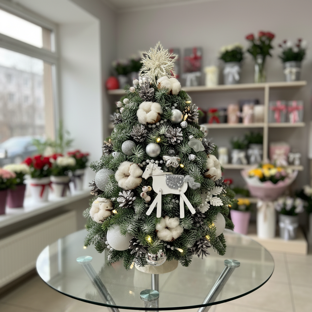 Серебристо-белая рождественская елка с лошадью