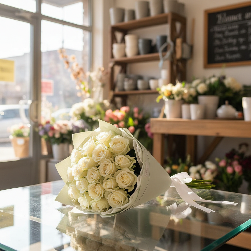 Букет из 19 белых роз в дизайнерской упаковке.