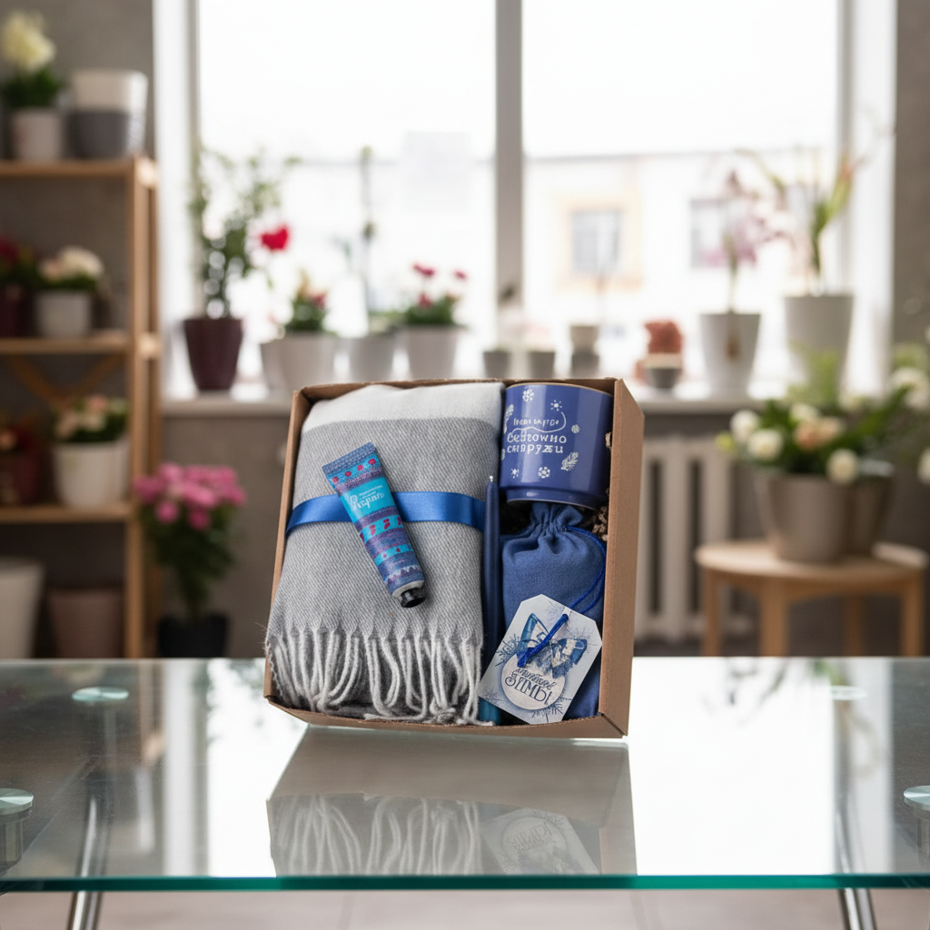 Подарочный набор для женщин к Новому году — подарок для учительницы, мамы, подруги, коллеги — теплый женский шарф, палантин, кружка, чайная чашка.