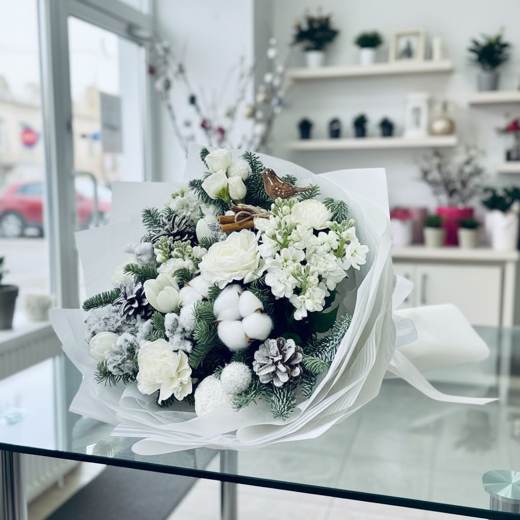 Зимний букет из хлопка и ели